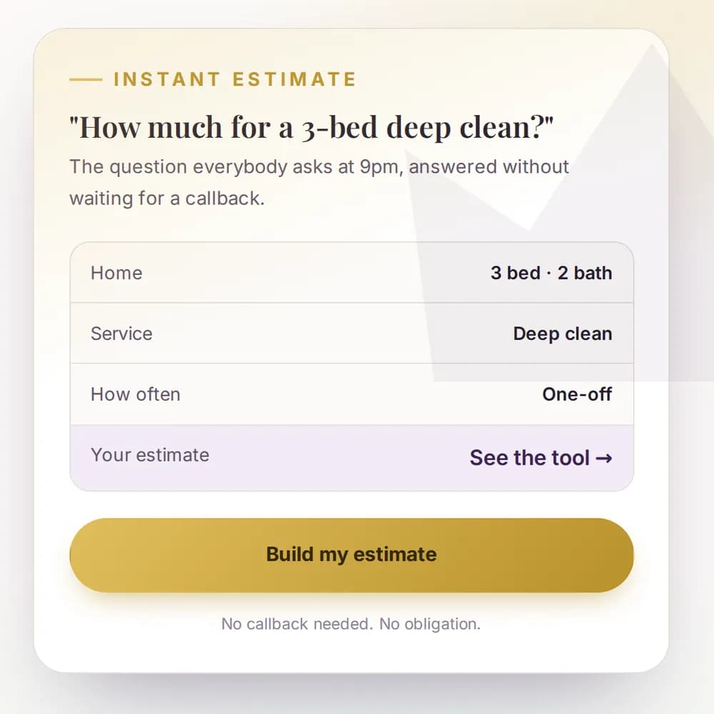 The Cleaning Queens instant estimator pricing a 3-bed deep clean.