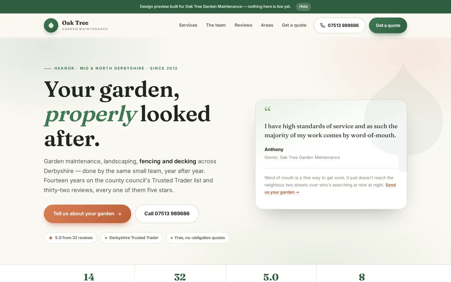 Oak Tree Garden Maintenance preview with a photo-upload quote form.